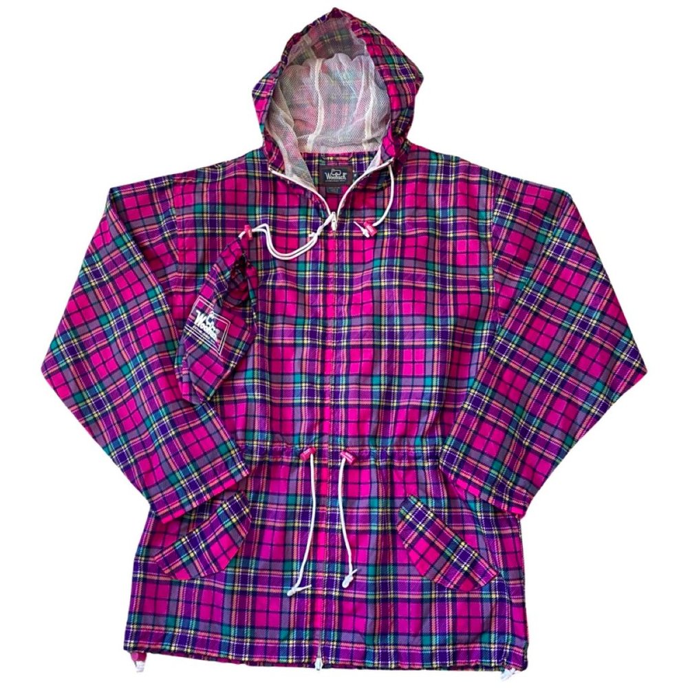 Vtg Woolrich lightweight Full Zip Plaid Hooded Rain Coat